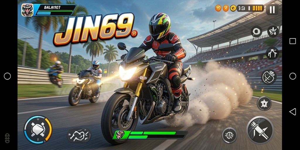 Tampilan gameplay JIN69 yang mendebarkan saat balapan motor.