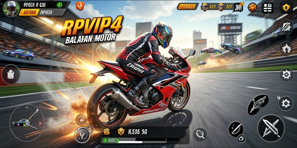 Tampilan gameplay RPVIP4 yang menegangkan saat balapan motor.
