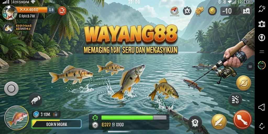 Screenshot permainan WAYANG88 yang menunjukkan aksi memancing yang seru.